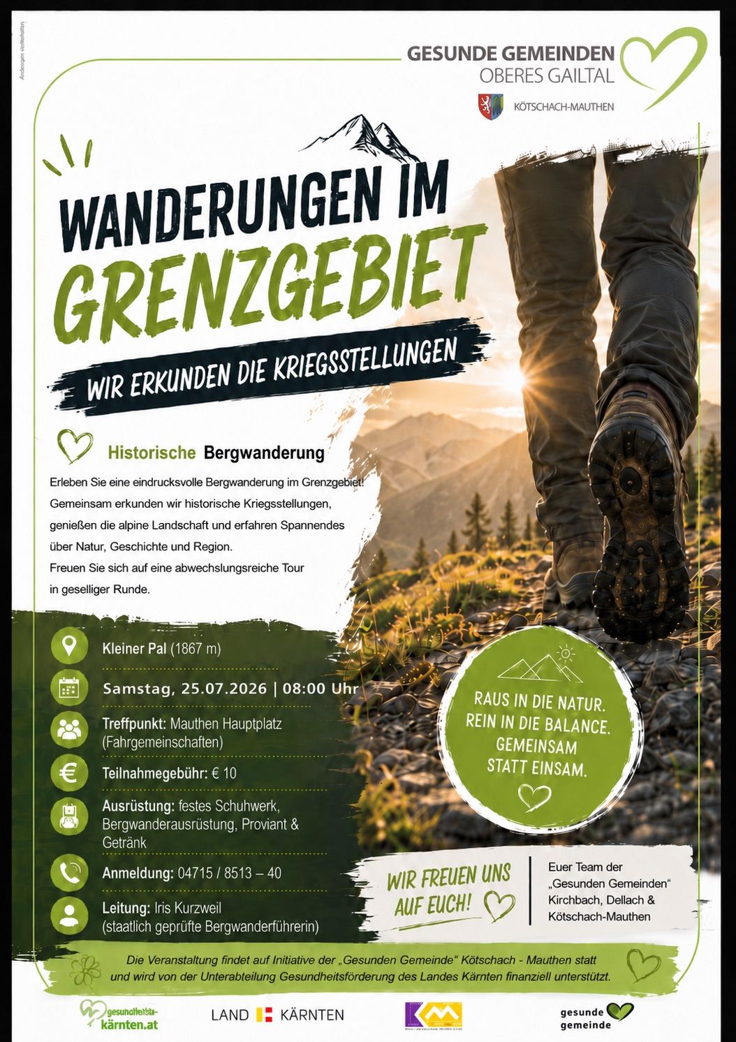Poster for a historical mountain hike in the border area. It features a person hiking with mountains in the background. The text highlights the exploration of war sites, nature, history, and the region. The hike is scheduled for Saturday, July 25, 2026, at 08:00 AM.