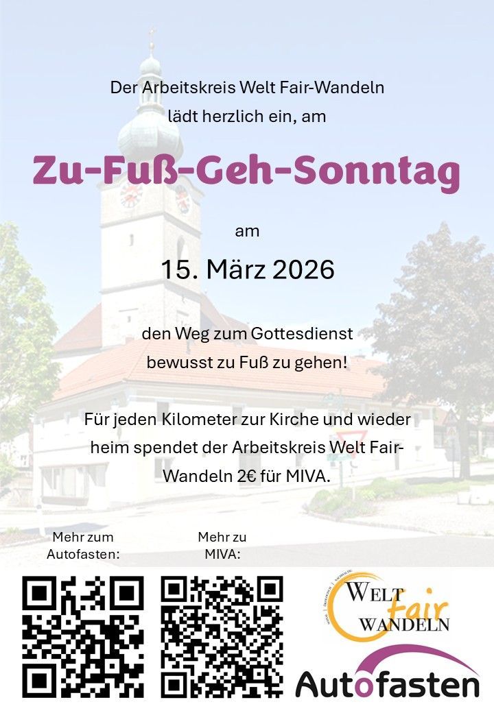 Poster for Walk to Church Sunday on March 15, 2026. It encourages walking to church for Lent. For each kilometer walked, Welt Fair-Wandel donates 2€ for MIVA. QR codes are present for more information.