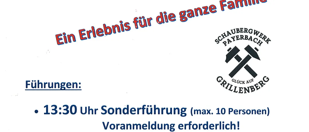 Werbeposter für die Schaubergwerk Grillenberg Veranstaltung am 01.05.2026. Bietet eine Sonderführung um 13:30 für bis zu 10 Personen und Standardführungen um 14:30 und 15:30 an. Anmeldung erforderlich. Kontaktnummer angegeben.