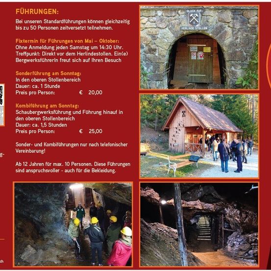 Das Bild zeigt einen Flyer für geführte Touren. Es enthält einen Zeitplan für Standardtouren von Mai bis Oktober, Sondertouren an Sonnabenden und kombinierte Touren an Sonnabenden. Der Preis beträgt 20 Euro pro Person für Standardtouren und 25 Euro für kombinierte Touren. Sondervereinbarungen sind telefonisch erforderlich.