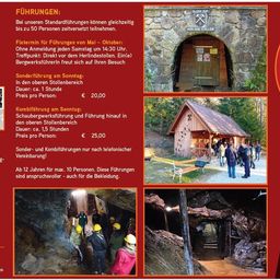 Das Bild zeigt einen Flyer für geführte Touren. Es enthält einen Zeitplan für Standardtouren von Mai bis Oktober, Sondertouren an Sonnabenden und kombinierte Touren an Sonnabenden. Der Preis beträgt 20 Euro pro Person für Standardtouren und 25 Euro für kombinierte Touren. Sondervereinbarungen sind telefonisch erforderlich.