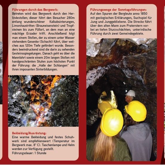 Das Bild zeigt ein Panel mit Text und Bildern zu einer Bergbautour. Es erklärt den Bergbauprozess, die geologischen Funde von 1850 und die Bergbauwege. Es beschreibt auch die empfohlene Kleidung und Ausrüstung für die Tour. Es gibt ein Bild einer Höhle mit Menschen, die Helme tragen.