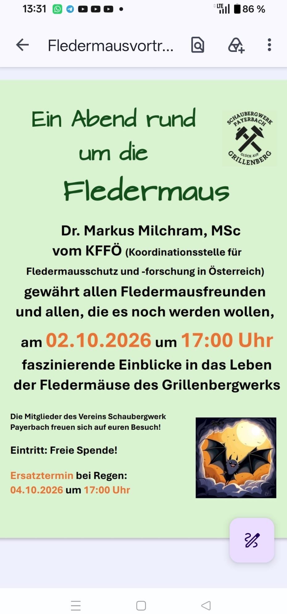 Plakat für eine Fledermaus-Veranstaltung am 2.10.2026 mit Dr. Markus Milchram, MSc, vom KFFO, mit einer mondbeschienenen Fledermaus-Illustration.