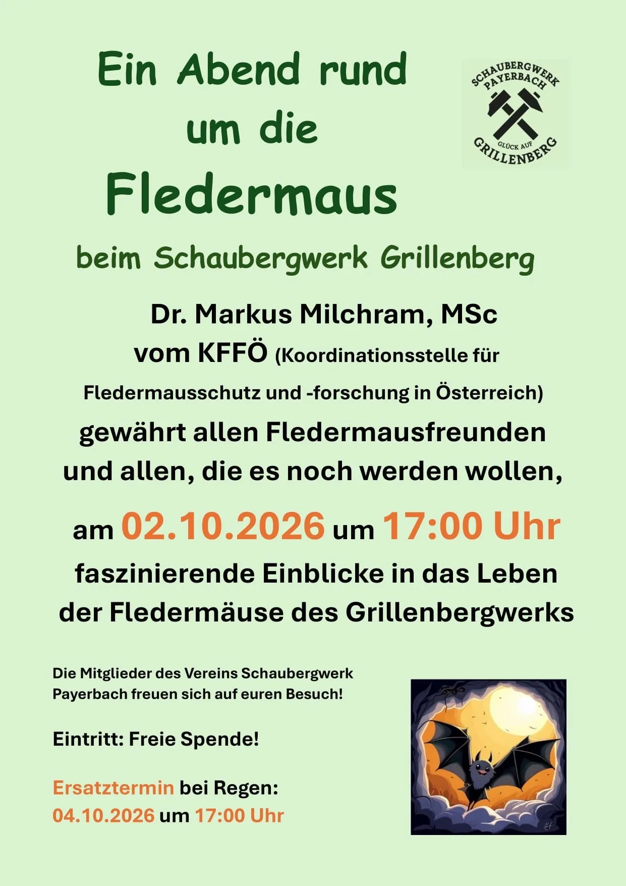 Plakat für eine Fledermausbeobachtungsveranstaltung im Schaubergwerk Grillenberg am 2. Oktober 2026 mit einer Fledermaus-Illustration und einer Einladung zur Teilnahme.