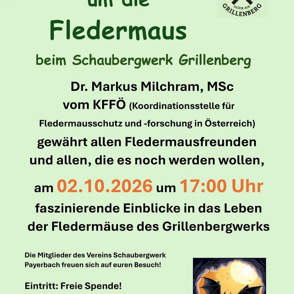 Plakat für eine Fledermausbeobachtungsveranstaltung im Schaubergwerk Grillenberg am 2. Oktober 2026 mit einer Fledermaus-Illustration und einer Einladung zur Teilnahme.