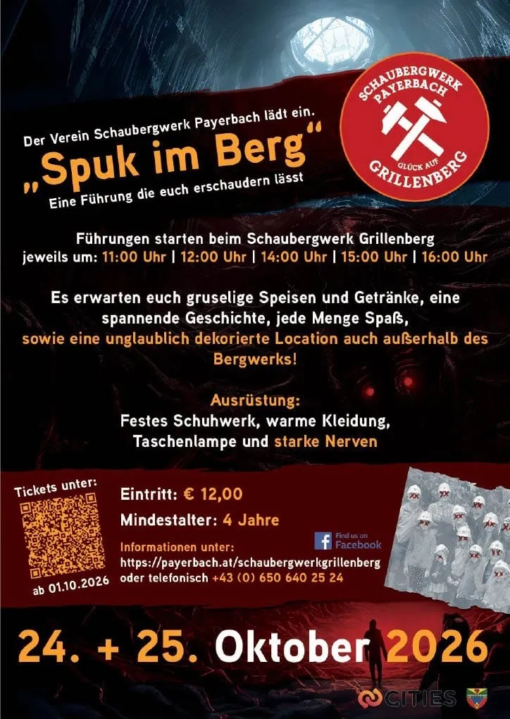 Plakat für eine geführte Tour im Schaubergwerk Payerbach, Österreich. Das Plakat zeigt einen QR-Code für den Ticketkauf, ein Logo für Grillenberg und eine Silhouette einer Person in einer Höhle.