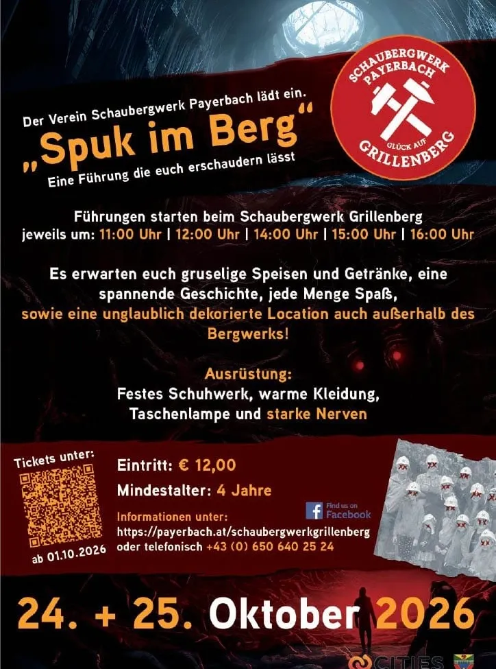Plakat für eine geführte Tour im Schaubergwerk Payerbach, Österreich. Das Plakat zeigt einen QR-Code für den Ticketkauf, ein Logo für Grillenberg und eine Silhouette einer Person in einer Höhle.