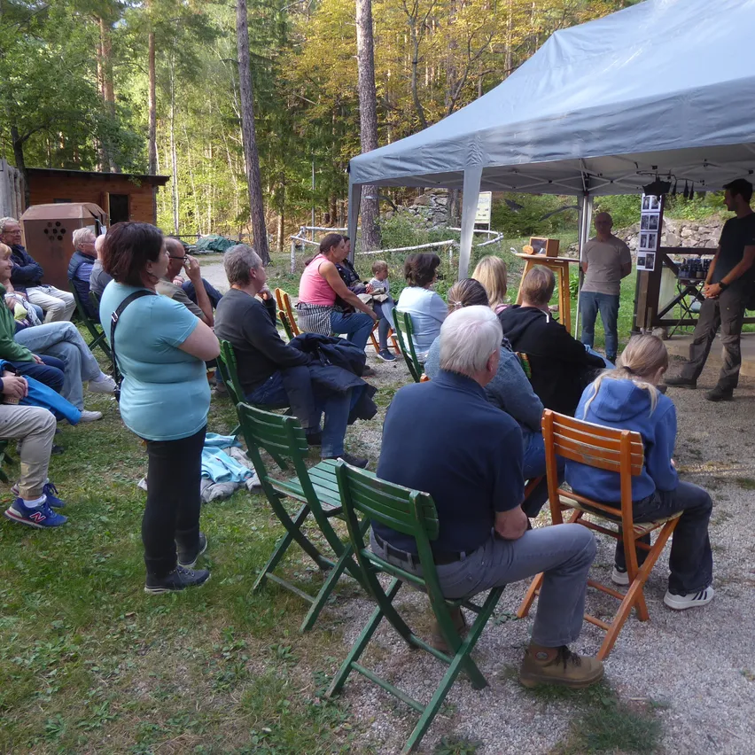 Eine Gruppe von Menschen sitzt unter einem Zelt in einem Wald. Ein Mann steht vor einem Tisch mit einem Mikrofon.