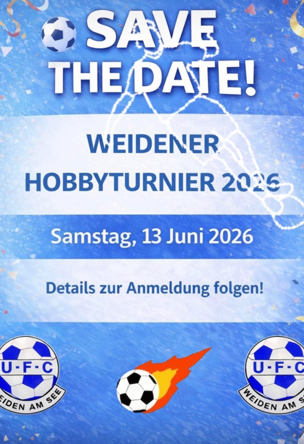 Poster announcing the Weidner Hobbyturner 2026 event on Saturday, June 13, 2026. It features a soccer ball and a flame graphic. Registration details will follow.