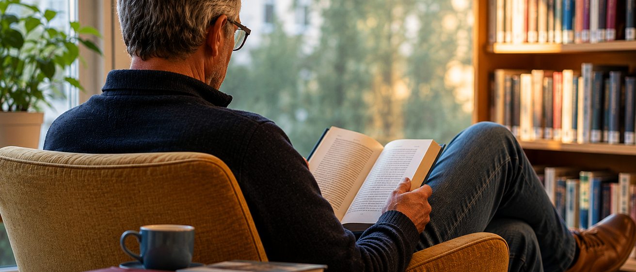 Ein älterer Mann sitzt auf einem Stuhl und liest mit beiden Händen ein Buch, während er aus einem Fenster schaut. Er hat eine Tasse, und mehrere Bücher liegen auf dem Tisch.