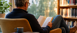 Ein älterer Mann sitzt auf einem Stuhl und liest mit beiden Händen ein Buch, während er aus einem Fenster schaut. Er hat eine Tasse, und mehrere Bücher liegen auf dem Tisch.
