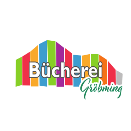 Das farbenfrohe Logo zeigt das Wort 'Bücherei' in weiß und 'Grobming' in grün, vor weißem Hintergrund.