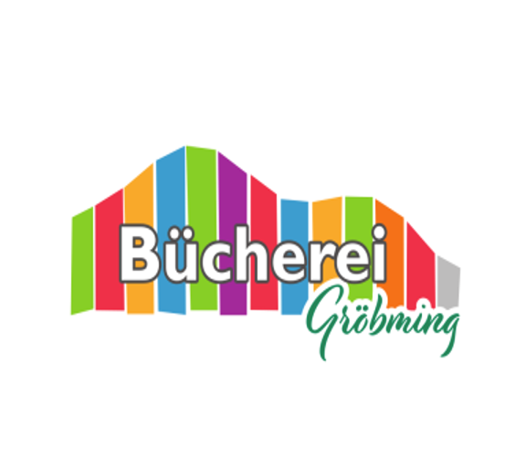 Das farbenfrohe Logo zeigt das Wort 'Bücherei' in weiß und 'Grobming' in grün, vor weißem Hintergrund.