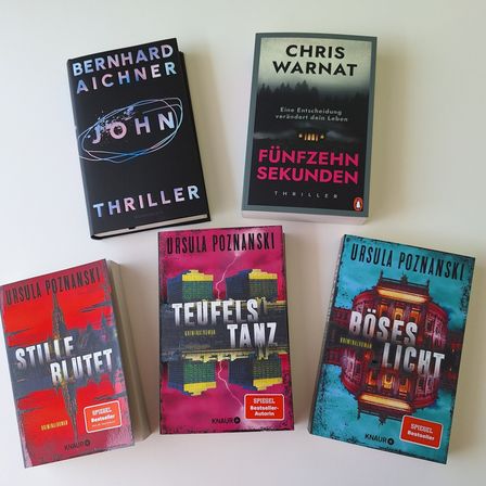 Sechs Bücher auf einer weißen Oberfläche angeordnet. Jedes Buchcover zeigt unterschiedliche Designs und Titel. Von links nach rechts sind die Titel 'John', 'Fünfzehn Sekunden', 'Teufelstanz', 'Stille Blutet' und 'Böses Licht'. Die Bücher sind hauptsächlich in Schwarz und Rot gehalten, mit einigen Elementen in Weiß.