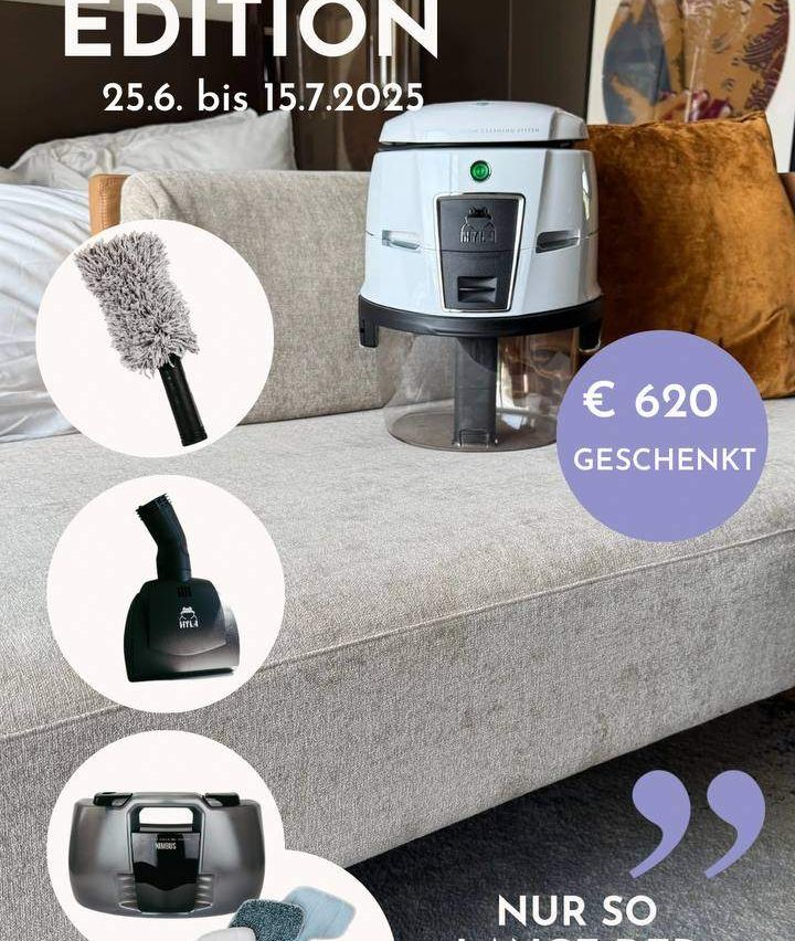 Ein Bild zeigt eine Couch mit einem Staubsauger darauf. Es gibt drei Bilder von verschiedenen Teilen des Staubsaugers und einem Preisschild von 620 Euro. Der Datumsbereich ist vom 25.6. bis 15.7.2025.