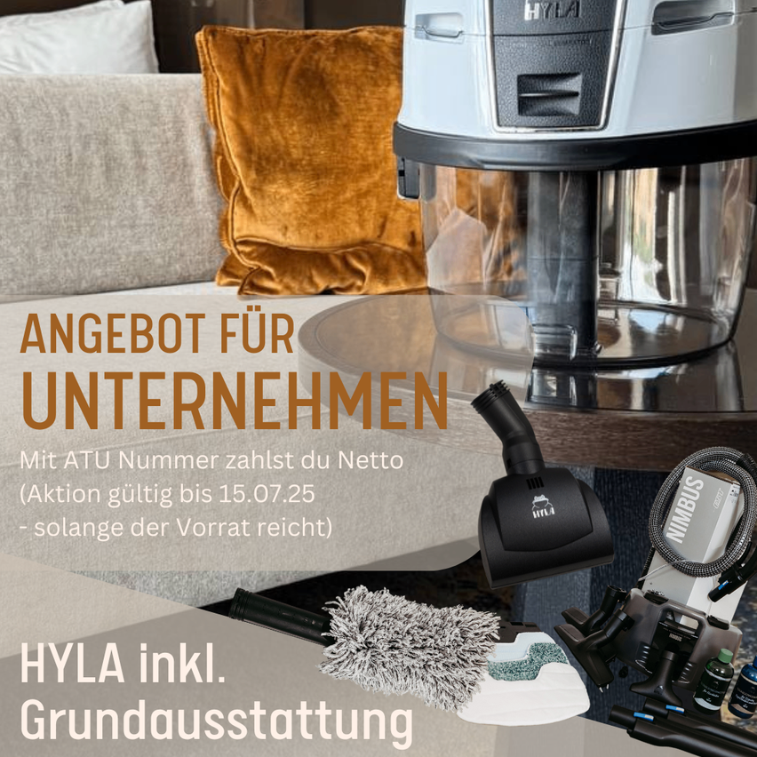 Werbeanzeige für Unternehmen mit einem Angebot für HYLA Staubsauger, einschließlich einer Grundausstattung, gültig bis 15.07.25 oder solange der Vorrat reicht.