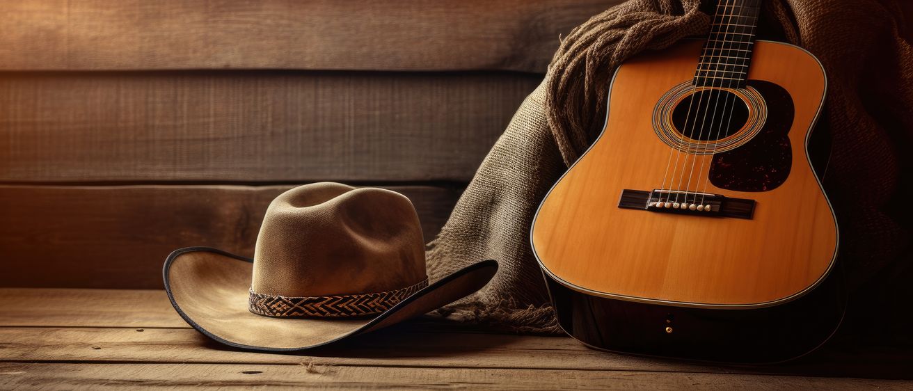 Nahaufnahme eines Cowboyhuts, einer Gitarre und eines braunen Tuchs auf einem Holzhintergrund.