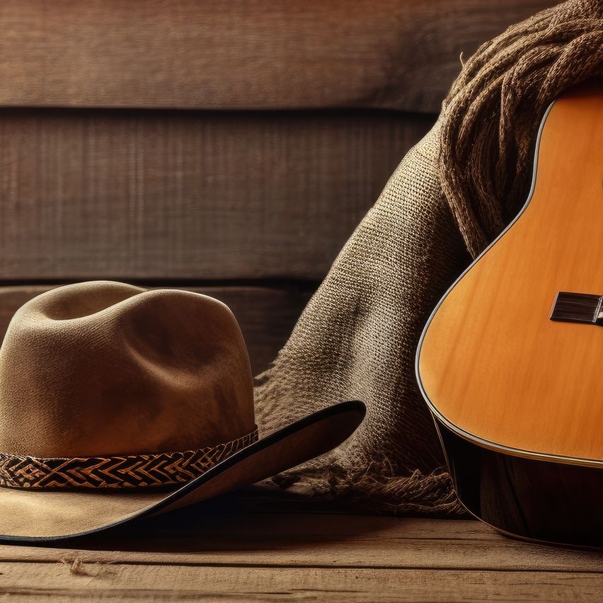 Nahaufnahme eines Cowboyhuts, einer Gitarre und eines braunen Tuchs auf einem Holzhintergrund.