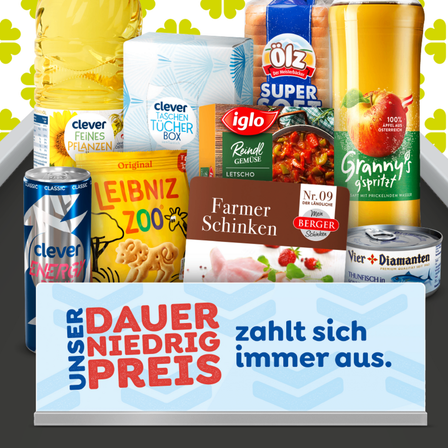 Eine Auswahl an Lebensmitteln wird angezeigt, darunter Öl, Kekse, Thunfisch und ein Dosengetränk. Ein Etikett trägt die Aufschrift 'Dauer Niedrig Preis'.