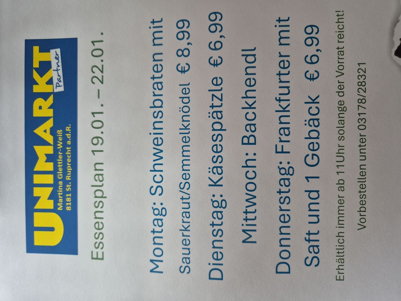 A document displays prices for sausages and bratwurst in euros, valid until 19.01.2022. Prices are 8.99 for bratwurst and 6.99 for sausages.
