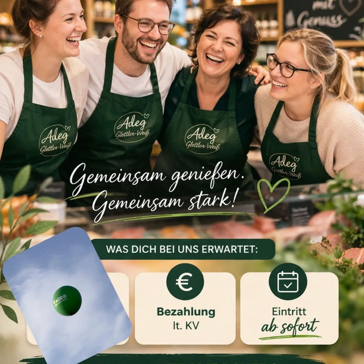 Four smiling individuals in green aprons, possibly in a market, with text overlays promoting a brand. The text reads 'Together enjoy. Together strong!' and icons for payment, entry, and immediate access.