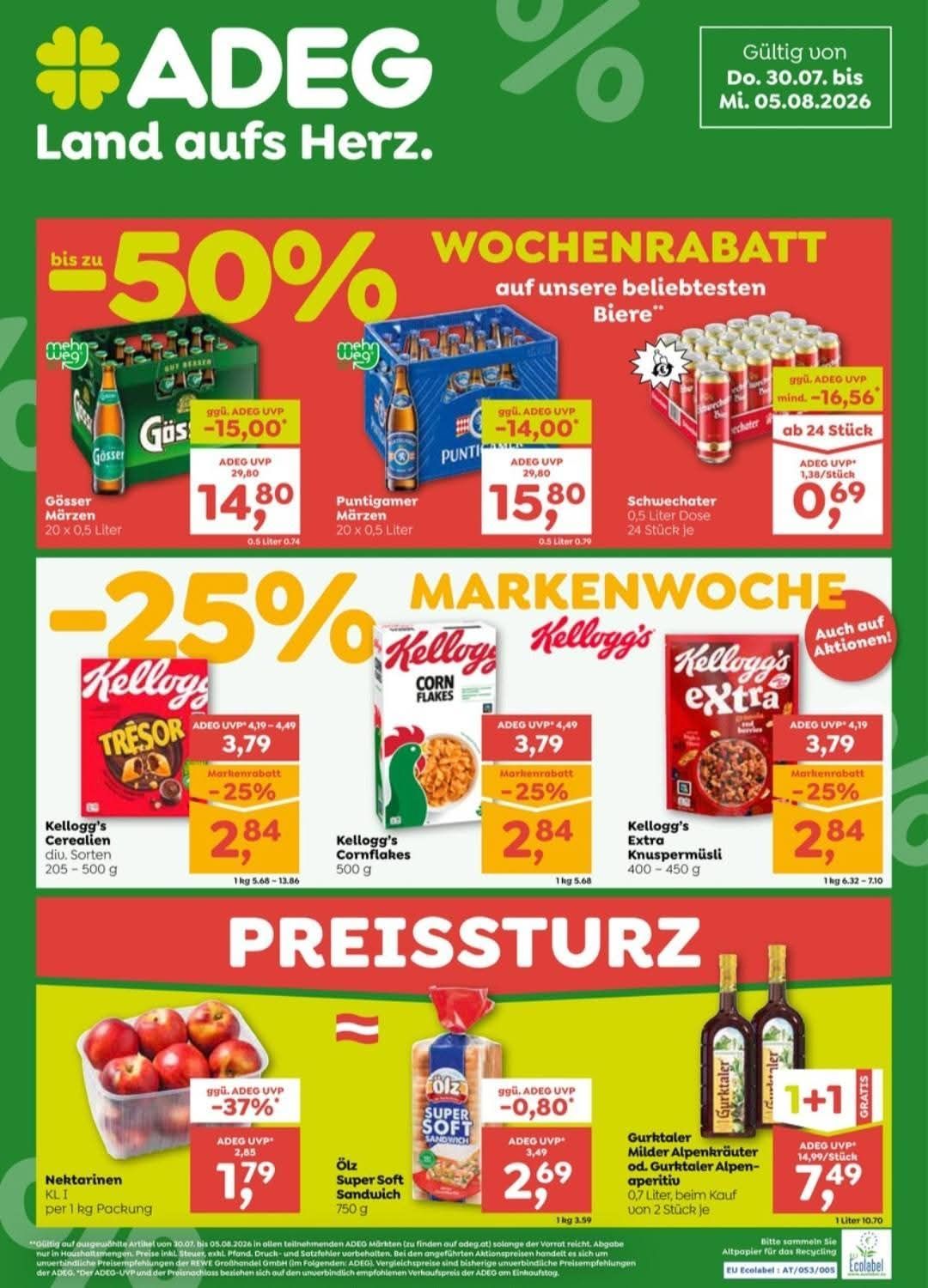 Ein Werbeplakat für einen Wochenrabatt mit Bier- und Cerealienprodukten mit Rabatten und Preisen. Der obere Bereich zeigt verschiedene Biermarken mit Rabatten bis zu 50%. Der mittlere Bereich hebt Kellogg's Cerealienprodukte mit einem 25% Rabatt hervor. Der untere Bereich zeigt eine Preissturm-Aktion.