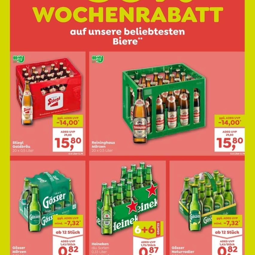 Eine Werbung für wöchentliche Rabatte auf Bier, mit verschiedenen Marken wie Stiegl, Reininghaus und Goesser. Die Rabatte reichen von 15,80 bis 7,32 Euro. Das Bild enthält Preisschilder und Werbeangebote.