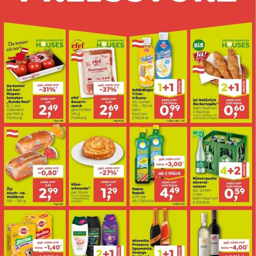 Ein Werbeflyer zeigt verschiedene Lebensmittel und Getränke mit Rabatten. Produkte umfassen Tomaten, Speck, Saft, Brot und Wein. Jedes Produkt zeigt seinen ursprünglichen Preis, den reduzierten Preis und den Prozentsatz des Rabatts.