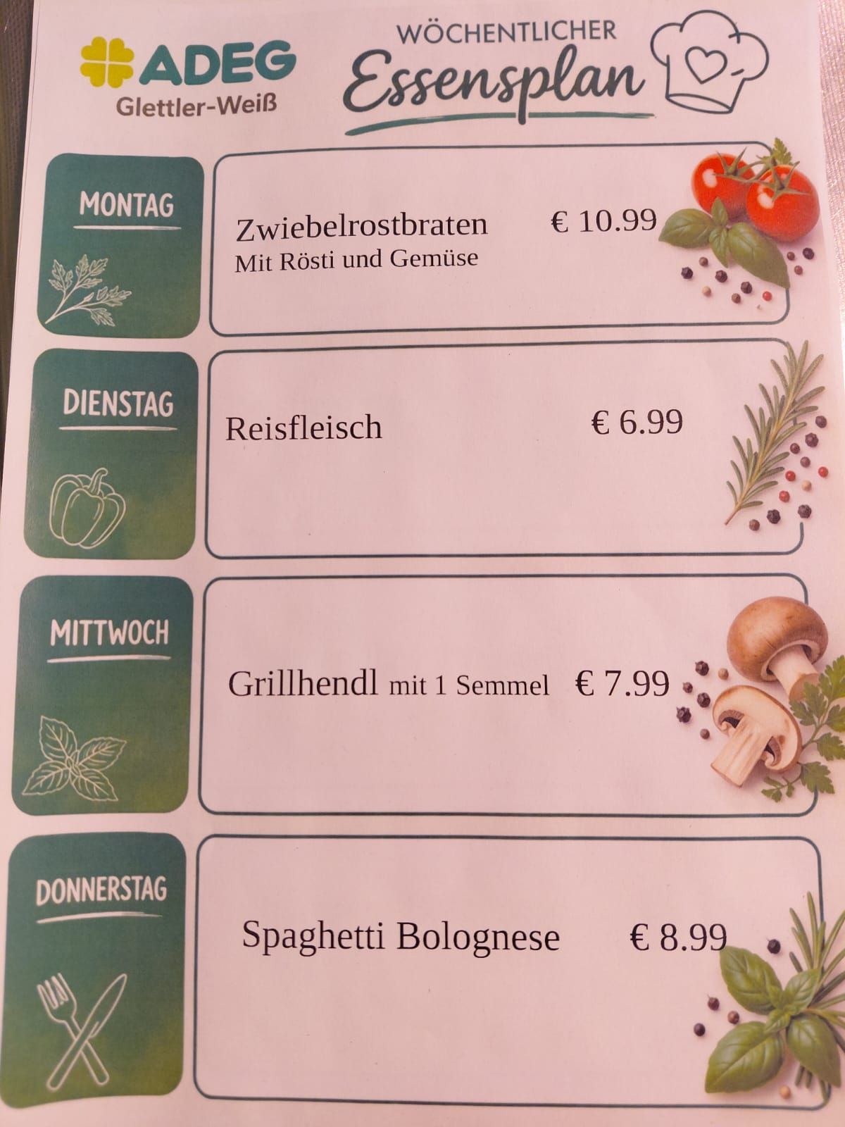 A menu with four daily specials listed for Monday through Thursday. Each dish is accompanied by a small illustration of ingredients. Monday: Zwiebelrostbraten with toast and vegetables for €10.99. Tuesday: Reisfleisch for €6.99. Wednesday: Grillhendl with 1 Semmel for €7.99. Thursday: Spaghetti Bolognese for €8.99.