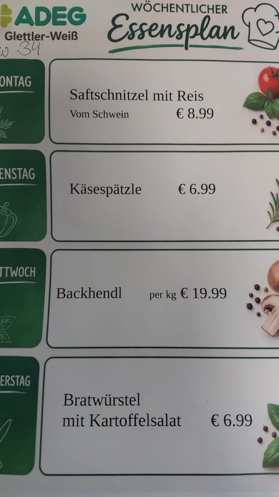 A menu with three items: 'Vom Schwein' priced at 8.99 euros, 'Käsespätzle' priced at 6.99 euros, and 'Backhendl' priced at 19.99 euros per kg. Each item has a small icon of a food item.