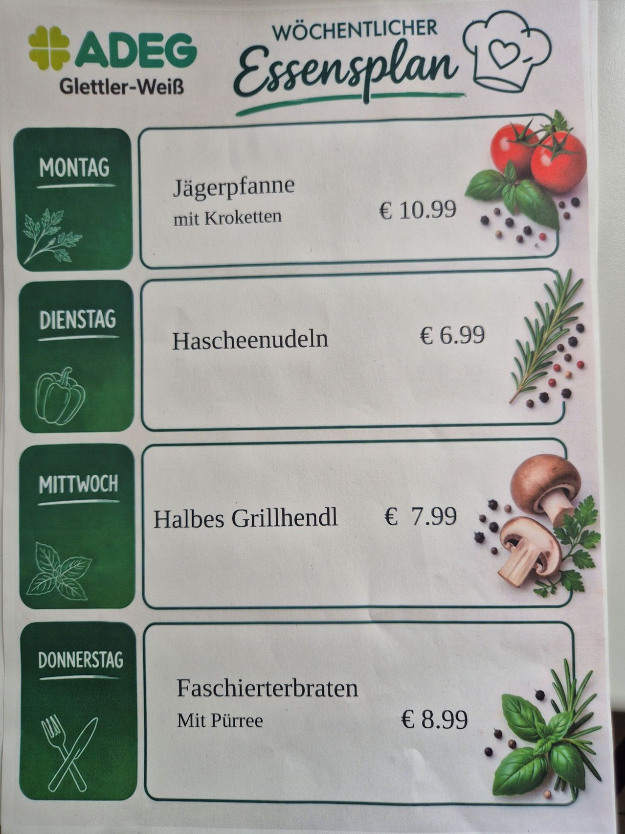 A menu for the week with four dishes listed: Jagerpfanne with crostini, Hascheenudl, Halbes Grillhendl, and Faschierterbraten with puree. Each dish is priced and accompanied by relevant food illustrations.