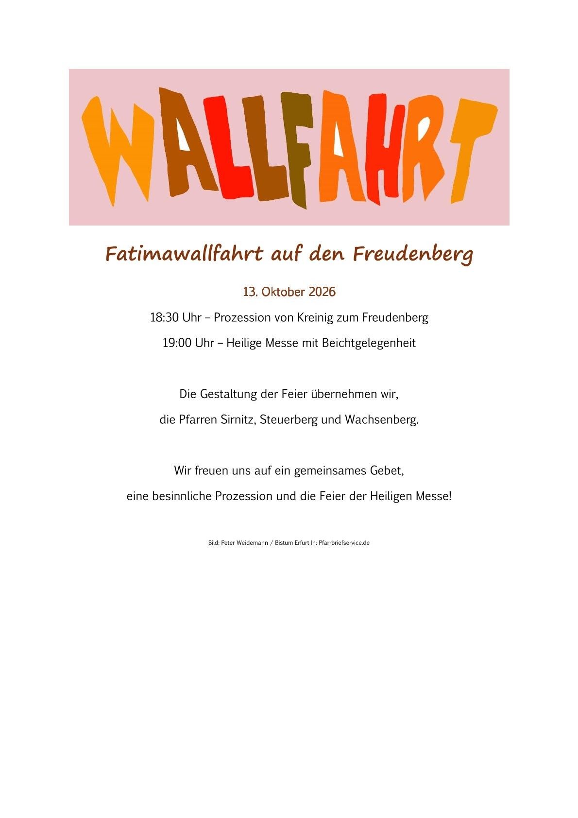 Plakat für Fatima Wallfahrt am 13. Oktober 2026 mit Details zu Prozession und Messe.