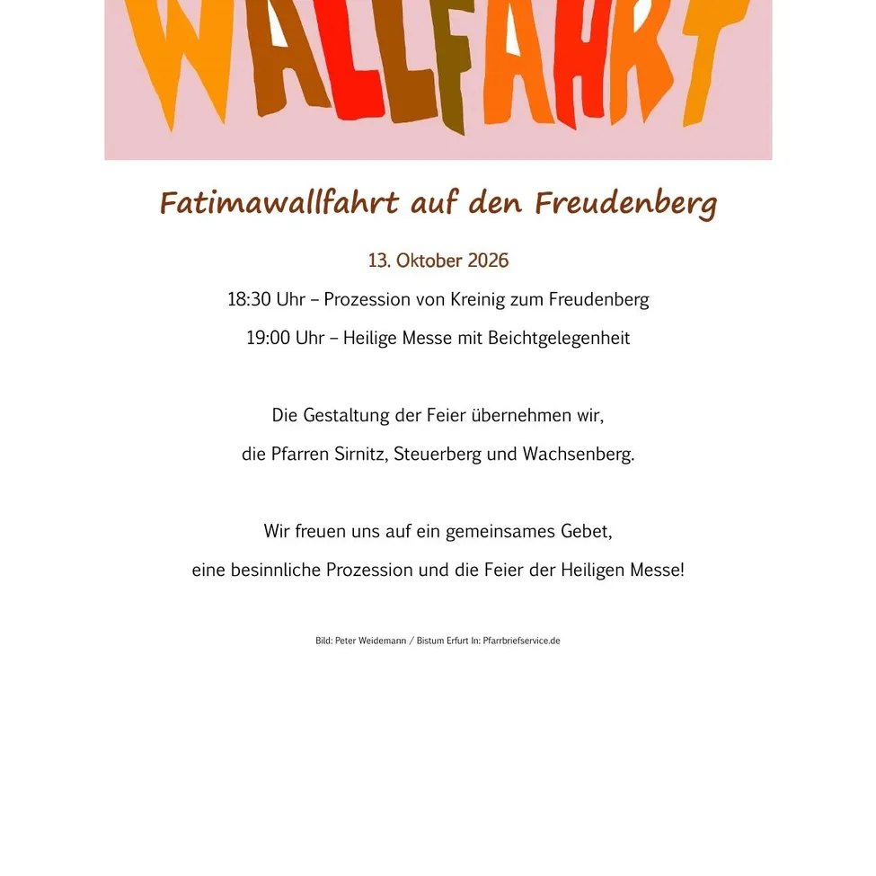 Plakat für Fatima Wallfahrt am 13. Oktober 2026 mit Details zu Prozession und Messe.