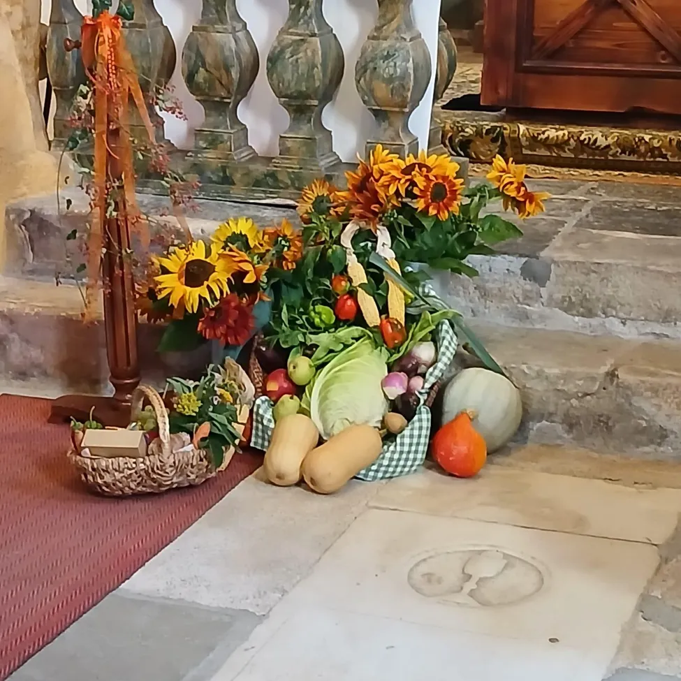 Ein Korb mit Herbstgemüse und Blumen auf einer Steintreppe.