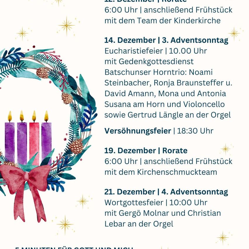 Plakat mit drei Kerzen, einem Kranz und Sternen. Zeitplan beinhaltet ein Frühstück um 6:00 Uhr, Eucharistiefeier um 10:00 Uhr, einen Versöhnungsgottesdienst um 6:00 Uhr und einen Wortgottesdienst um 10:00 Uhr.