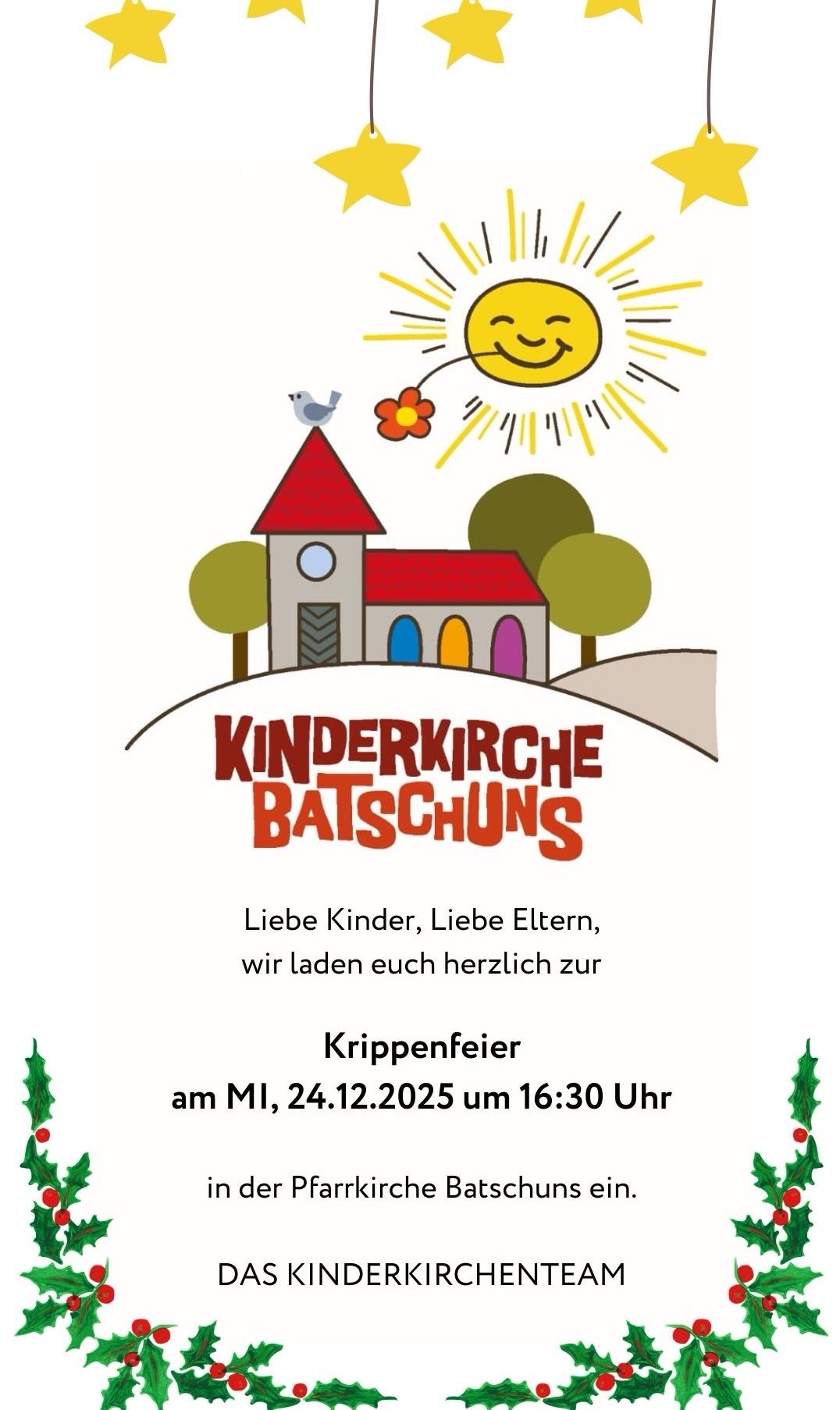 Einladung zur Weihnachtsbaumbeleuchtungsfeier in der Kinderkirche. Das Ereignis ist für MI, 24.12.2025 um 16:30 Uhr geplant. Das Plakat zeigt eine fröhliche Sonne, eine Kirche und einen Vogel.