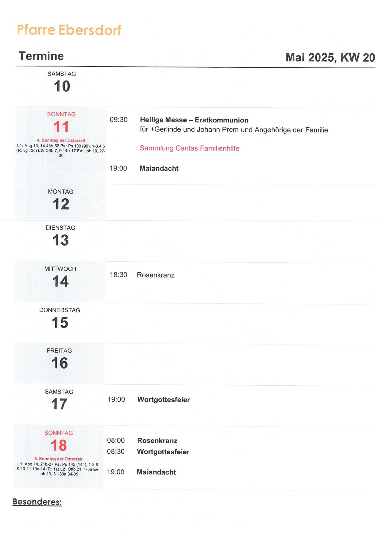 Ein Wochenplan für kirchliche Veranstaltungen, beginnend mit Sonntag, einschließlich Zeiten und Orten der Veranstaltungen. Jeder Tag listet verschiedene Gottesdienste und Sammlungen auf.