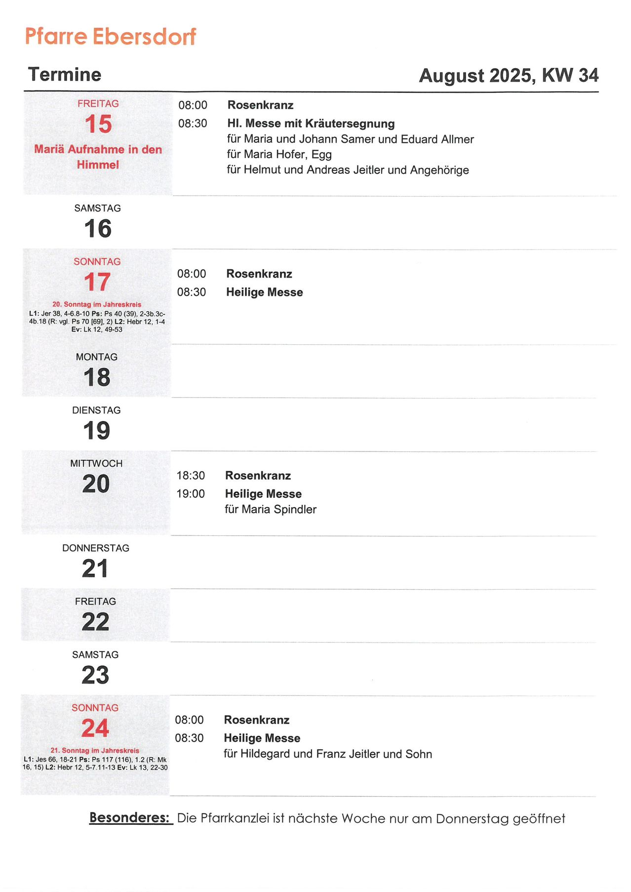 Ein Wochenplan zeigt Zeiten für Sonntagsmessen und Heilige Messen. Die Messen sind verschiedenen Personen gewidmet. Es listet Termine vom Samstag, 16. bis Sonntag, 24.