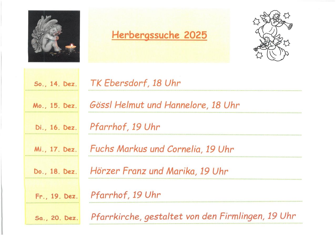 Ein Bild zeigt eine Liste von Veranstaltungen mit dem Titel 'Herbersuche 2025'. Die Daten reichen vom 14. bis 20. Dezember mit Zeiten von 18 bis 19 Uhr. An jedem Datum wird eine Veranstaltung und ein Ort aufgeführt. Das Bild hat ein weihnachtliches Thema mit Engeln und Kerzen.