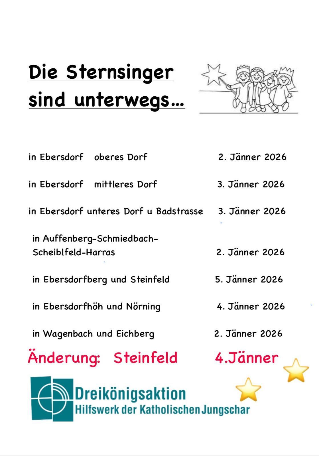 Ein Plakat listet den Besuchsplan der Sternsinger in verschiedenen Dörfern für Januar 2026 auf. Es umfasst Ebersdorf, Aufseberg-Schmiedebach-Scheibfeld-Harras, Ebersdorfberg, Steinfeld, Ebersdorfhöh, Nörning, Wagenbach, Eichberg und Steinfeld mit spezifischen Terminen. Eine Aktualisierung ist für Steinfeld vermerkt.