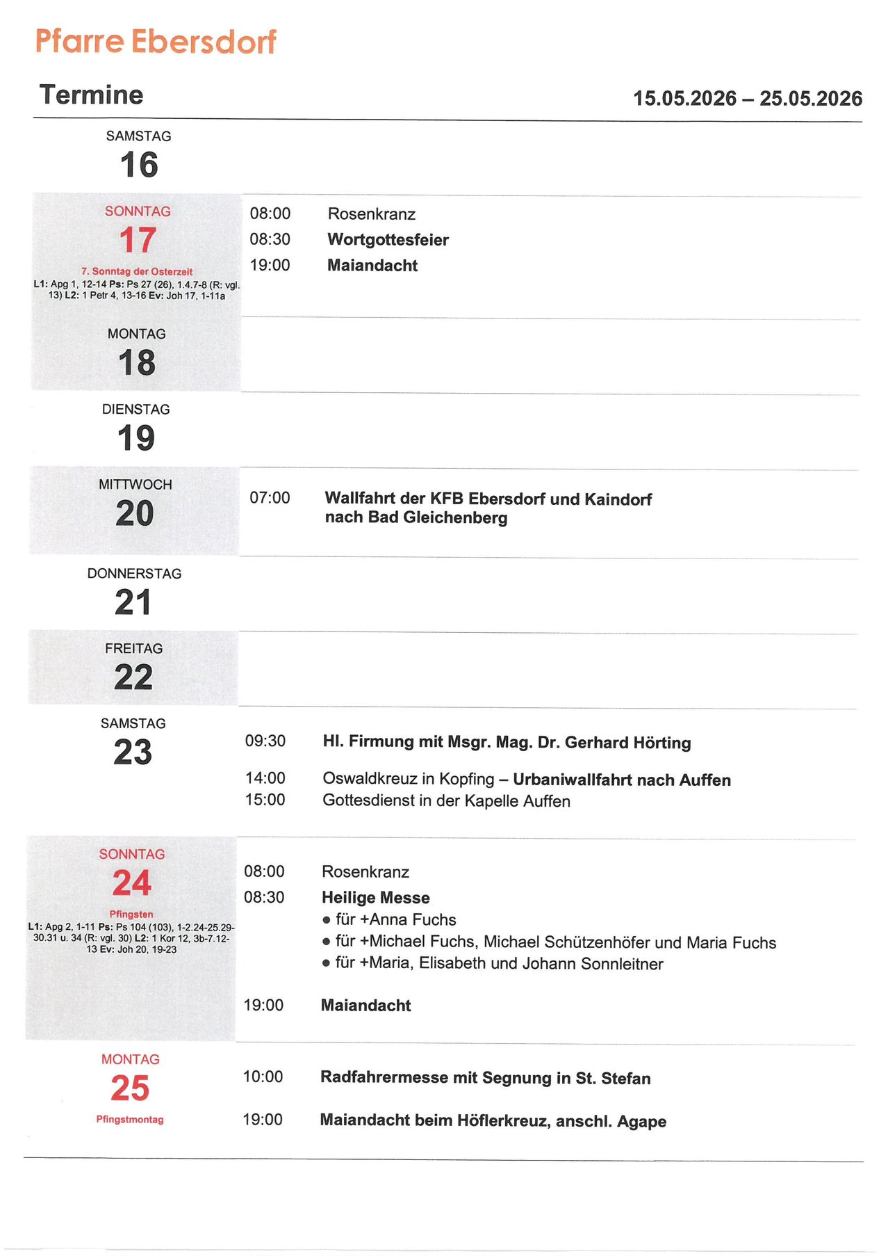 Weekly schedule from Sunday to Saturday, including dates, times, and events. Highlights include a rose crown, Sunday service, and a pilgrimage to Bad Gleichenberg.