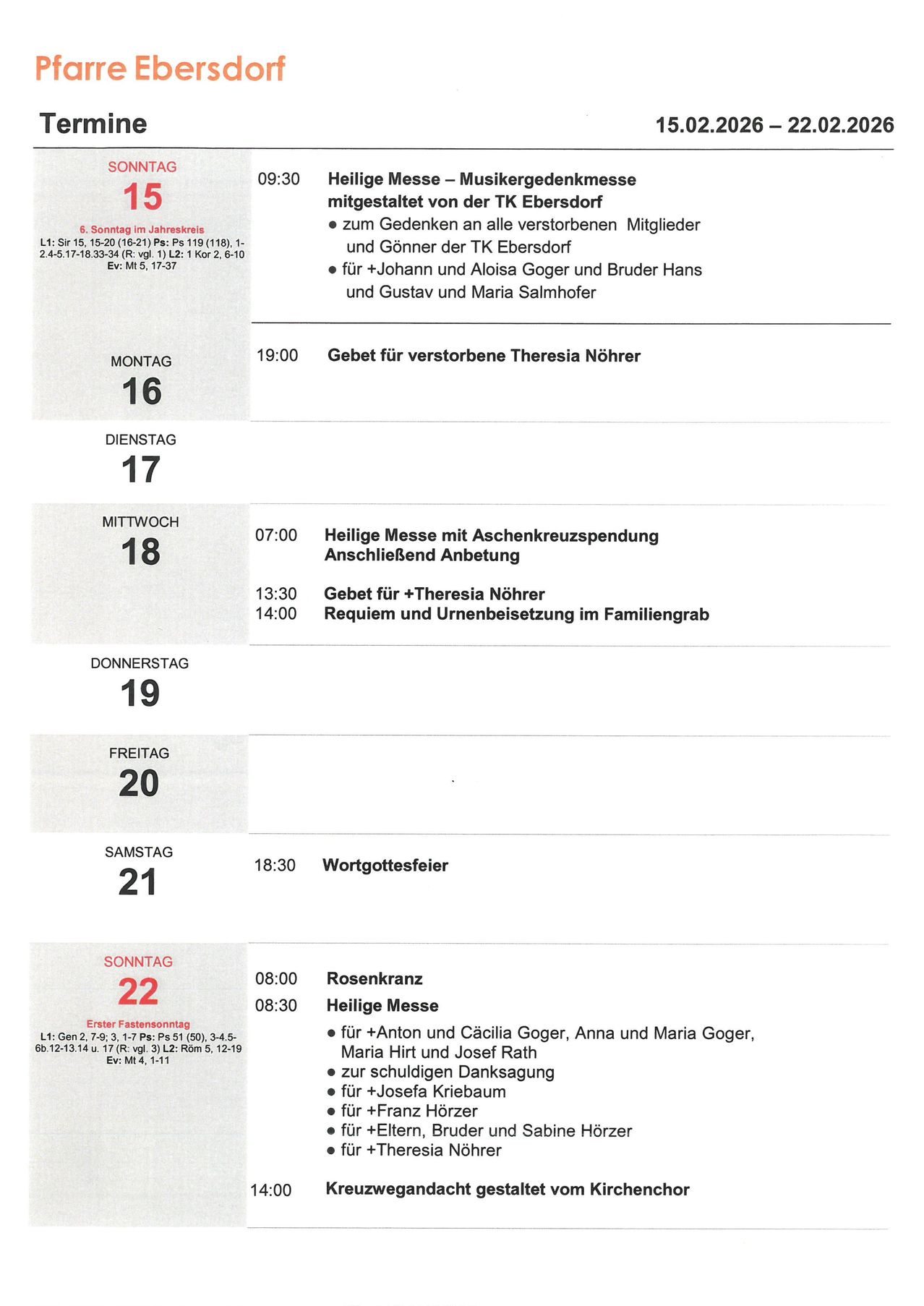 Das Bild ist ein Zeitplan für den 15. Sonntag im Jahr. Es beinhaltet Gedenkmessen für verstorbene Mitglieder und andere Veranstaltungen. Es ist vom Sonntag, 15. Juni bis Samstag, 22. Juni datiert.