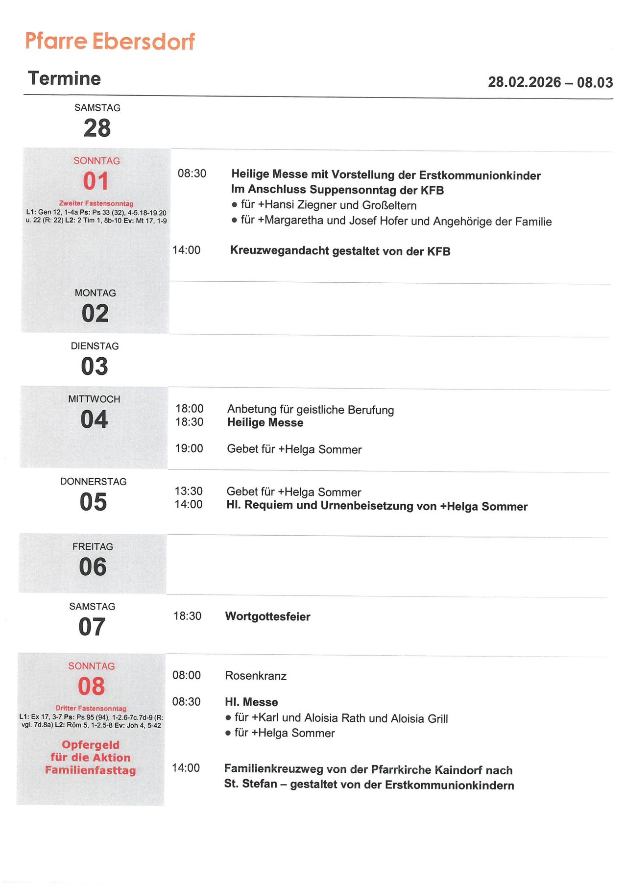 Ein Zeitplan religiöser Veranstaltungen für eine Kirche. Es enthält Details wie Zeit, Datum und Aktivitäten für den zweiten und dritten Fastensonntag. Es werden auch die Namen der beteiligten Personen erwähnt.