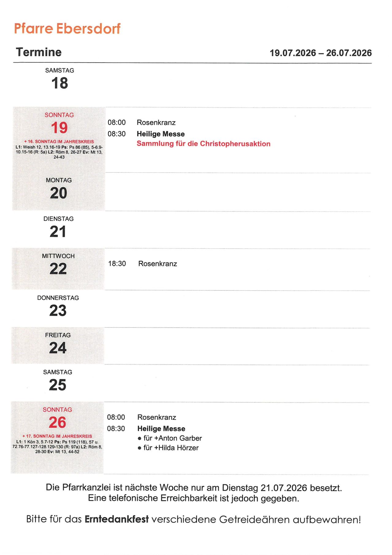 Eine Tabelle mit den Zeiten und Orten der Kirchendienste für die Woche, einschließlich einer Sonntagsmesse und einer Sammlung für die Christopherusaktion.