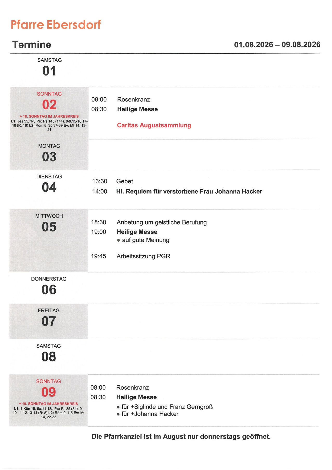 Ein wöchentlicher Zeitplan für Gottesdienste und Veranstaltungen, einschließlich Zeiten und Beschreibungen. Der Zeitplan gilt für eine bestimmte Woche, wobei jeder Tag beschriftet und die entsprechenden Zeiten und Aktivitäten aufgelistet sind.