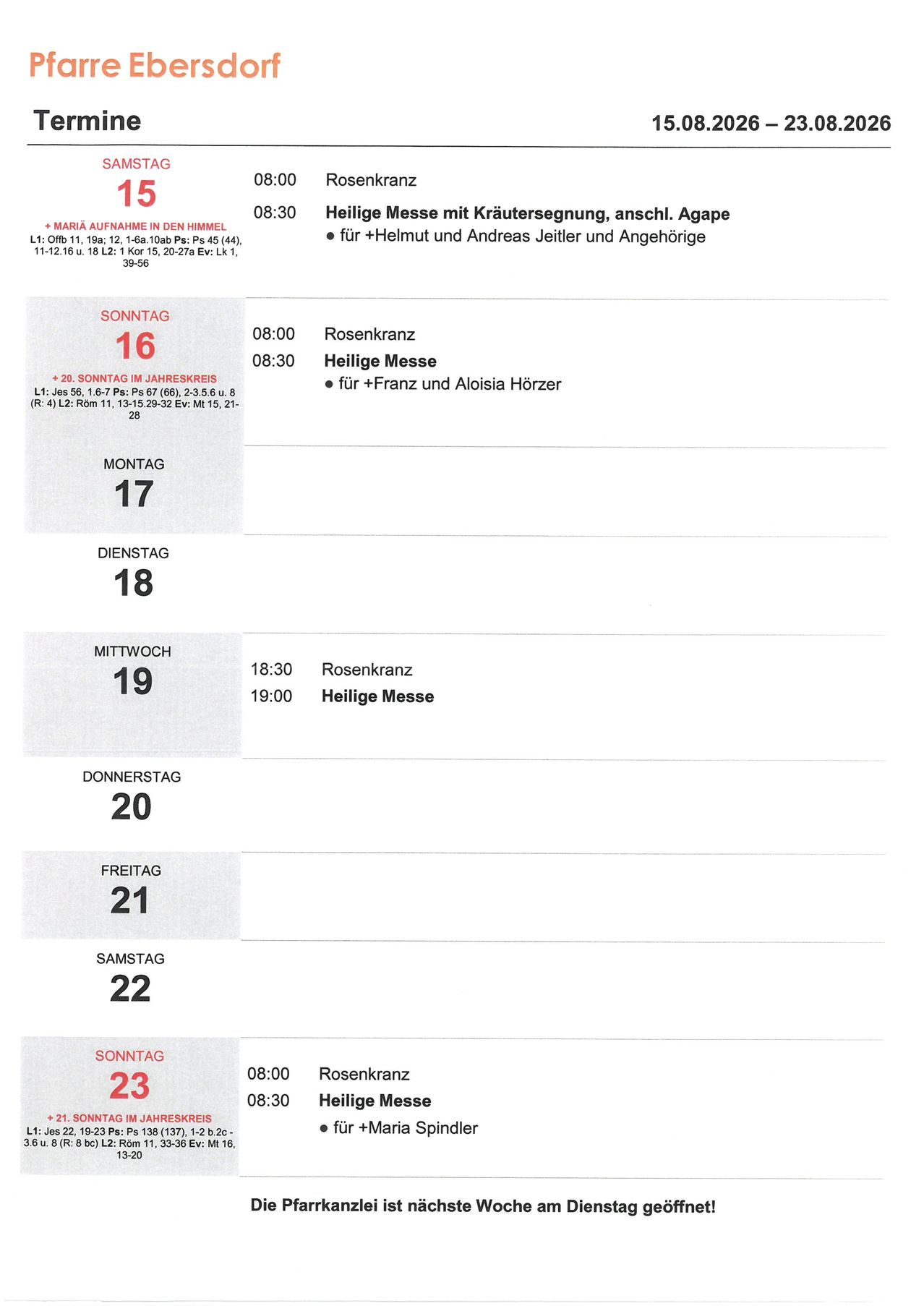 A table showing church service times for different days of the week, including dates and specific masses.
