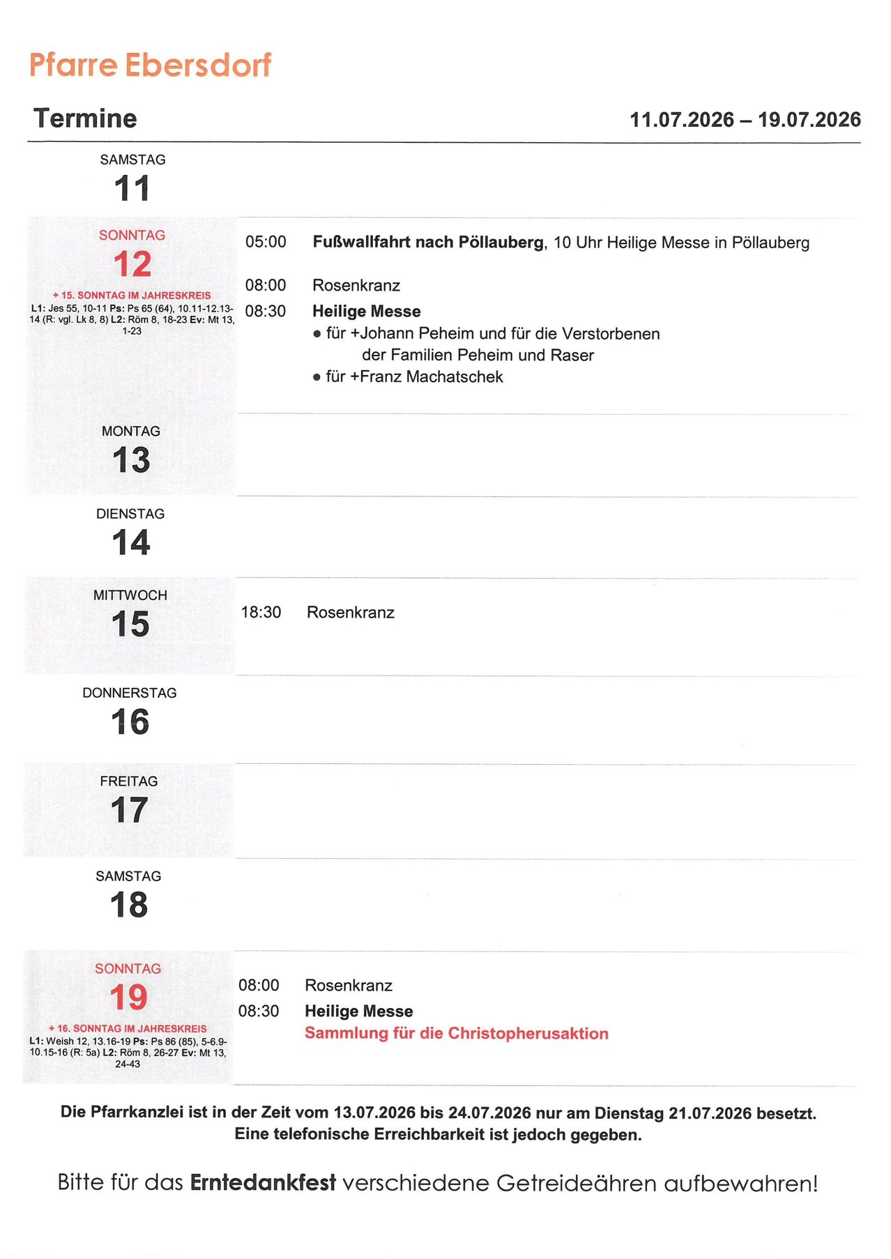 A weekly schedule of religious events, including a Sunday mass, a Sunday walk, and a Monday mass. The schedule is in German and includes dates and times.