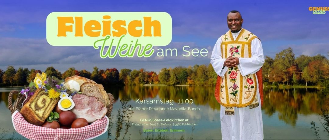 Ein Priester steht am See mit Brot und Fleisch. Das Ereignis ist am Karsamstag um 11 Uhr. Website und Adresse sind angegeben.