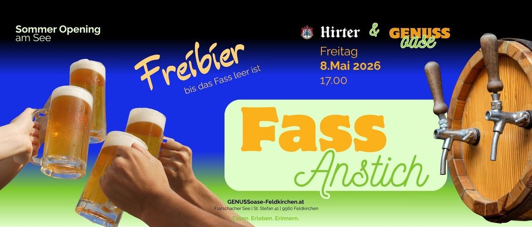 Plakat für eine Bierverkostung. Es steht 'Faß Anst' und zeigt eine Person, die ein Glas Bier hält. Die Veranstaltung ist am Freitag, 8. Mai 2026, ab 17:00 Uhr.