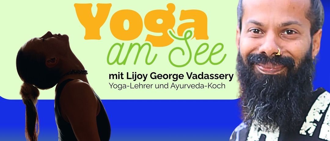 Ein Plakat für Yoga am See mit einem Yoga-Lehrer und einer Teilnehmerin, sowie Details zur Veranstaltung und Kontaktinformationen.